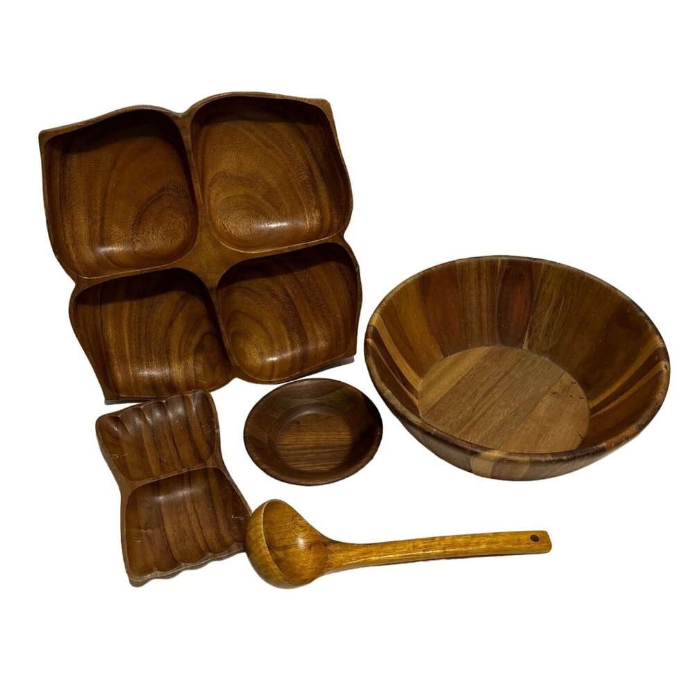 Vintage Handcrafted Wooden Serving Set Bowls Trays Dipper Dark Brown 5 Piece